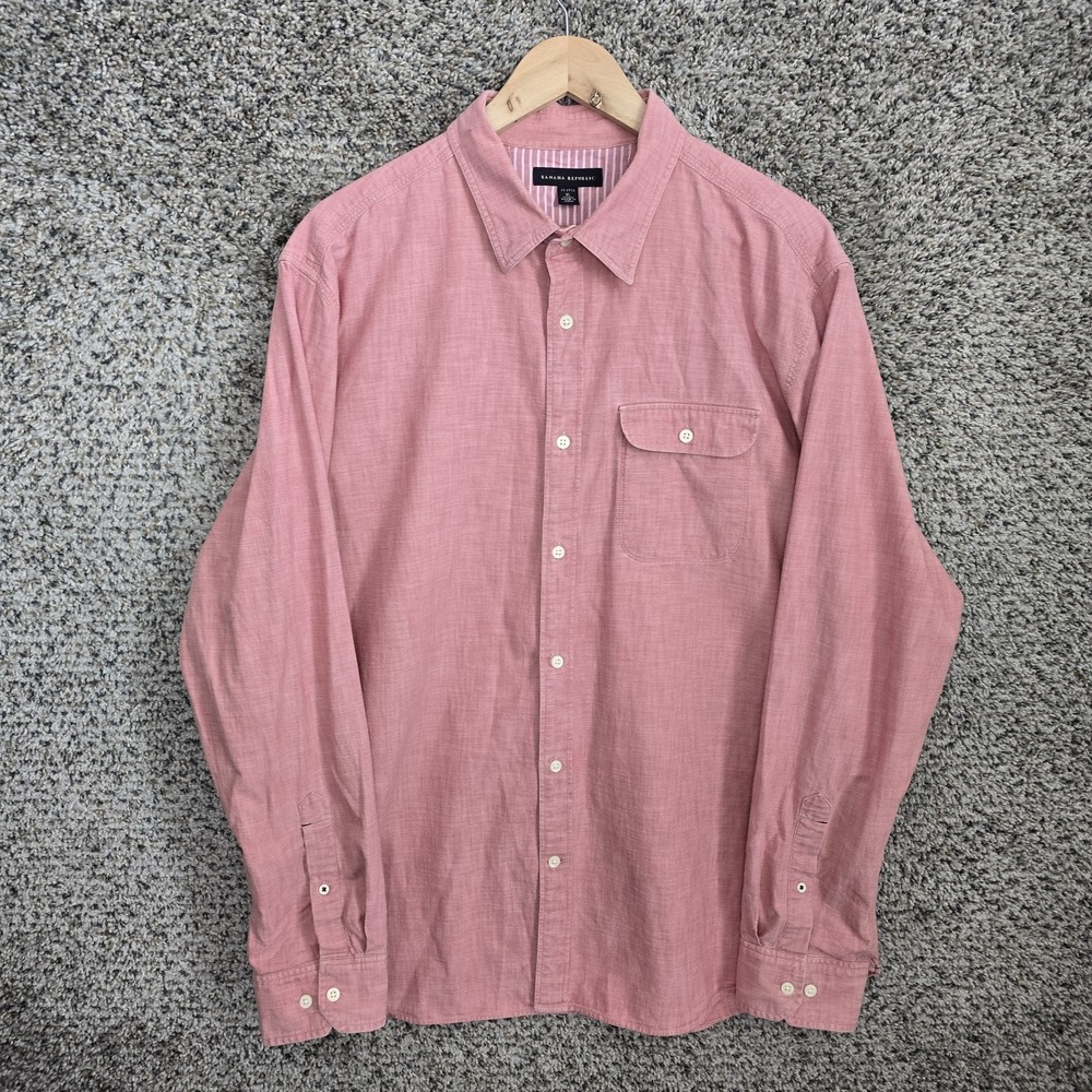 Banana Republic Shirt Mens XL 17-17.5 Pink Button Up Pocket Long Sleeve Casual